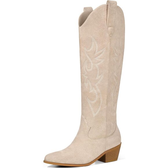 Women's Tan Cowboy Knee High Tall Boots Chunky Heel Pointed Toe Pull On - Picture 1 of 9